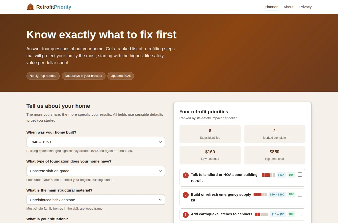 Screenshot of Earthquake Retrofit Priority Planner interface showing the project page in use